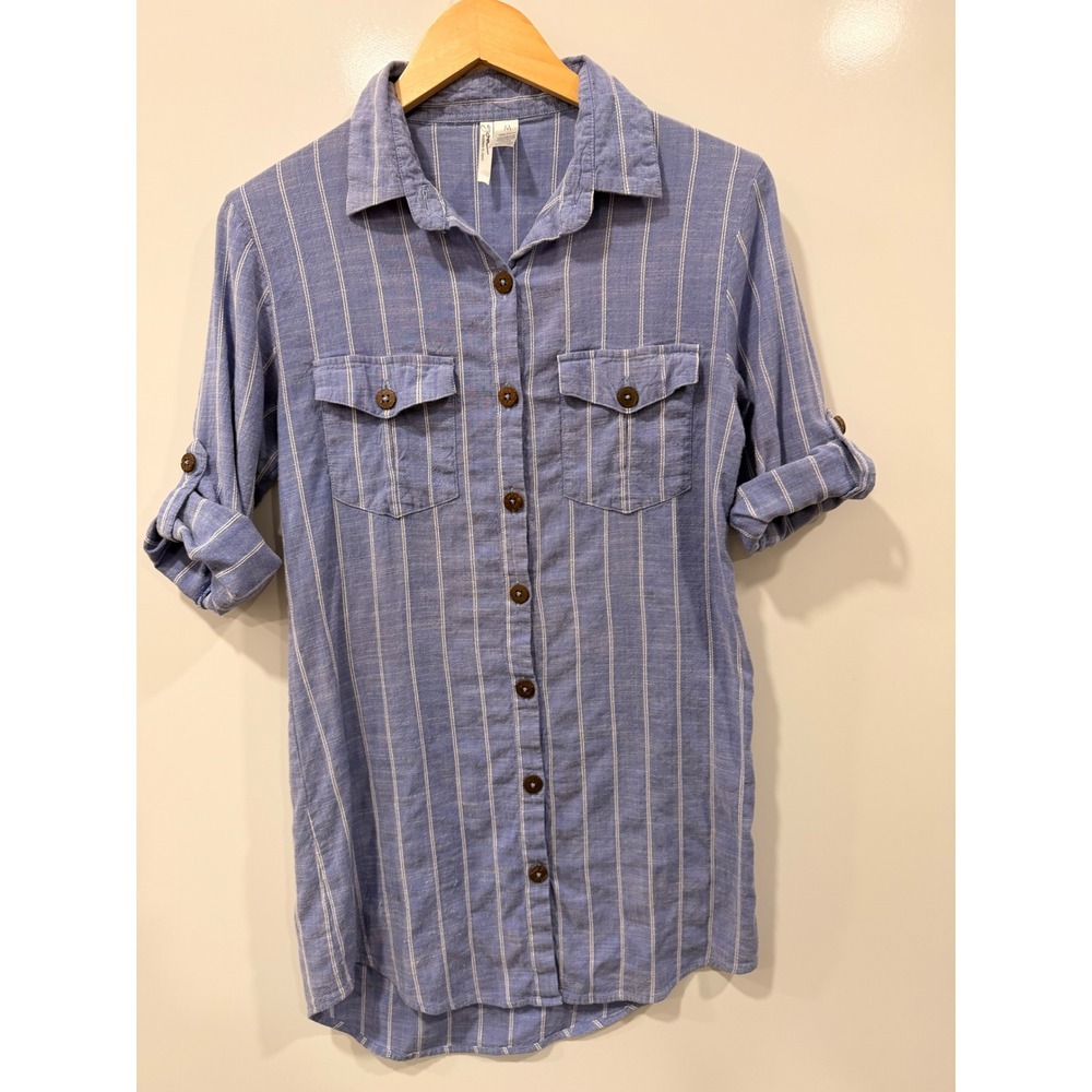 Japna Beachwear Womens Blue White Striped Cotton Button Down Shirt Size M